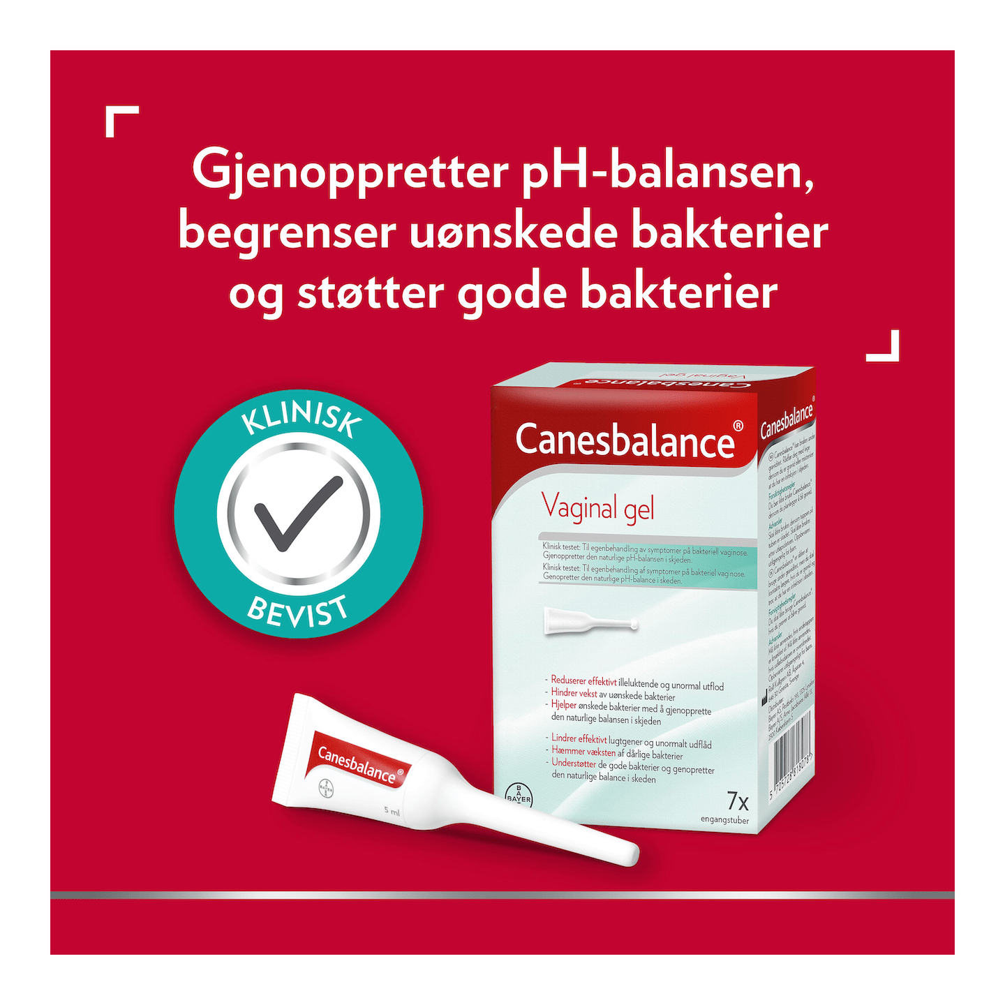 Canesten ikon for klinisk bevist med vaginalgel mot symptomer på bakteriell vaginose eske og tube, tekst øverst: Gjenoppretter pH-balansen, begrenser uønskede bakterier og støtter gode bakterier