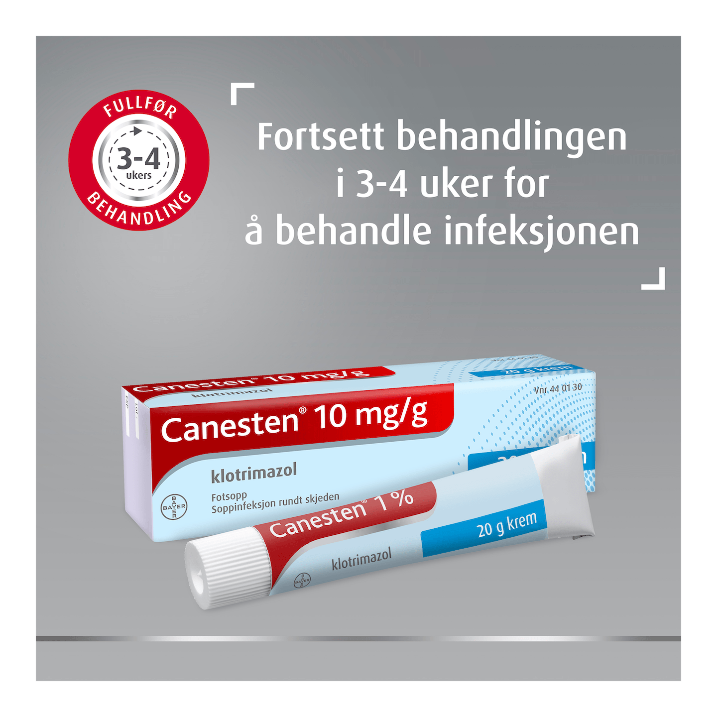 Canesten 10 mg/g clotrimazole krem mot fotsopp med merke på toppen som sier: Fullfør 3-4 ukers behandling, og bildetekst til høyre: Fortsett behandlingen i 3-4 uker for å behandle infeksjonen