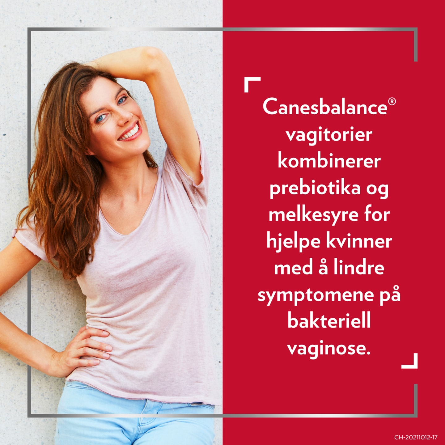Smilende rødhåret kvinne, med tekst på høyre side av bildet: 7-dagers behandling av symptomer på bakteriell vaginose